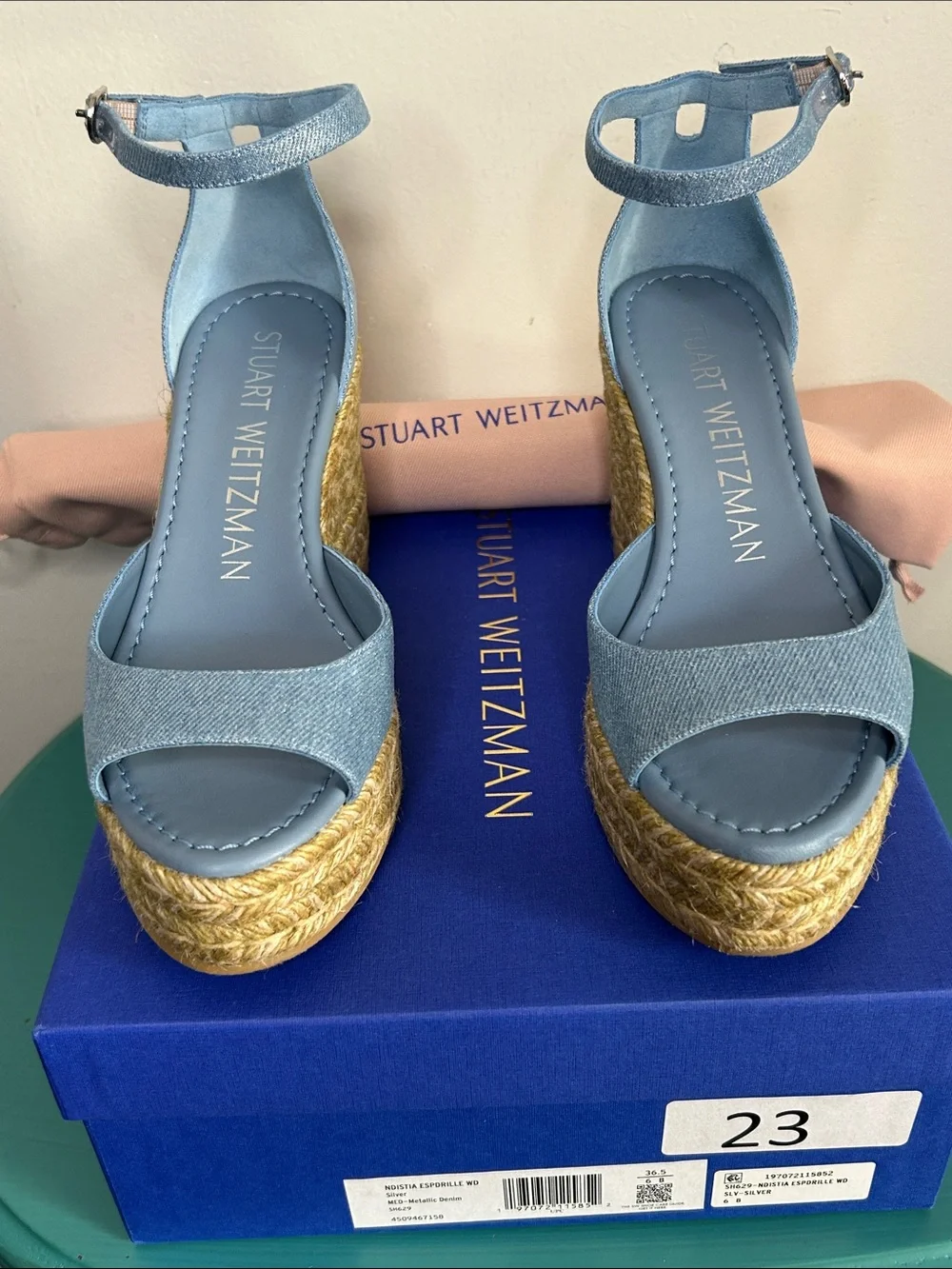 Stuart Weitzman Nudistia Metallic Denim Blue Espadrille Wedge Sandal Ankle Strap - Picture 9 of 10